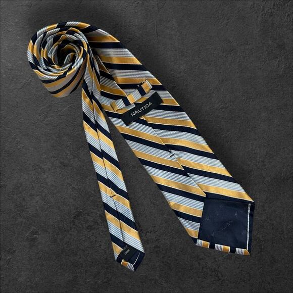 Nautica Men's Gold + Blue Striped 100% Silk Professional Tie - Picture 3 of 3